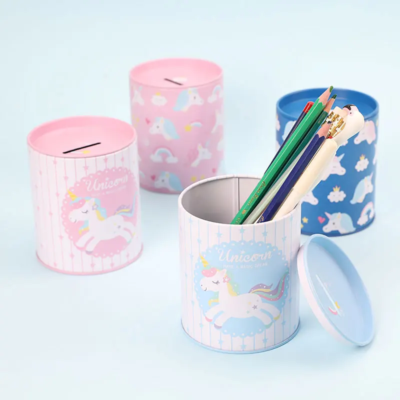 TOPSTHINK Custom made kawaii large children unicorn round metal piggy bank for tin money saving