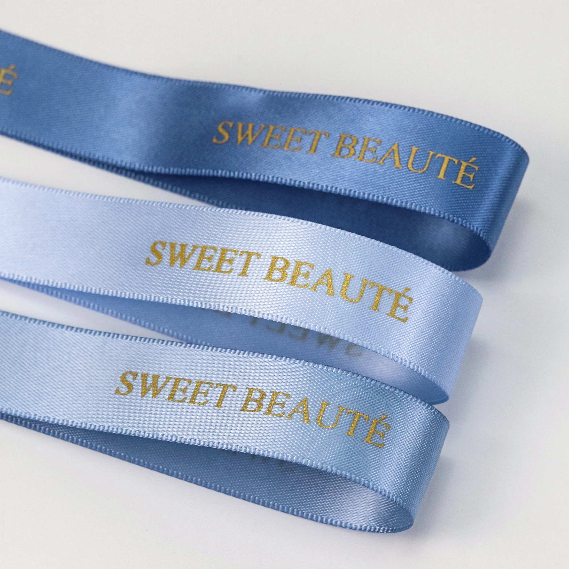 Customized 16mm wide gold ink logo satin ribbon roll for gift wrap