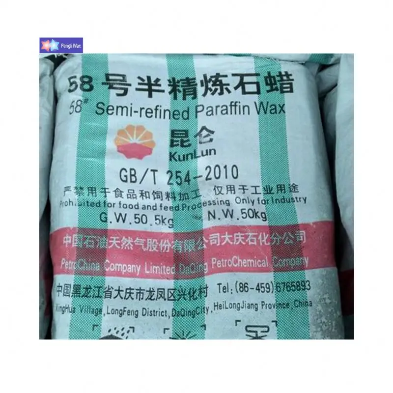 Pengli semi refined paraffin wax fully paraffin kunlun 58-60 wax bag 50 kg cire de paraffine tonne