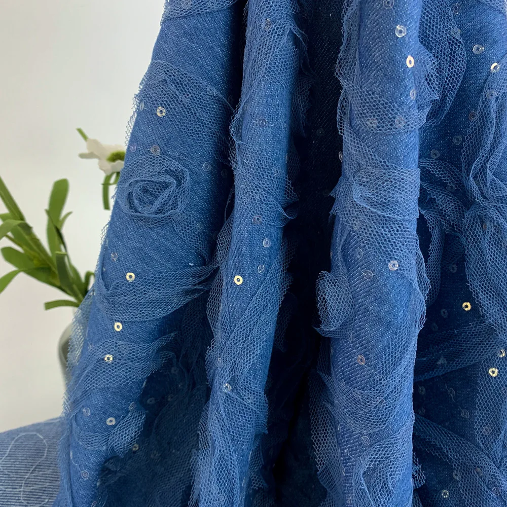 Henry Factory Wholesale High Quality Woven Rose Lace Denim Embroidery Fabric For Fashion Dress Coats