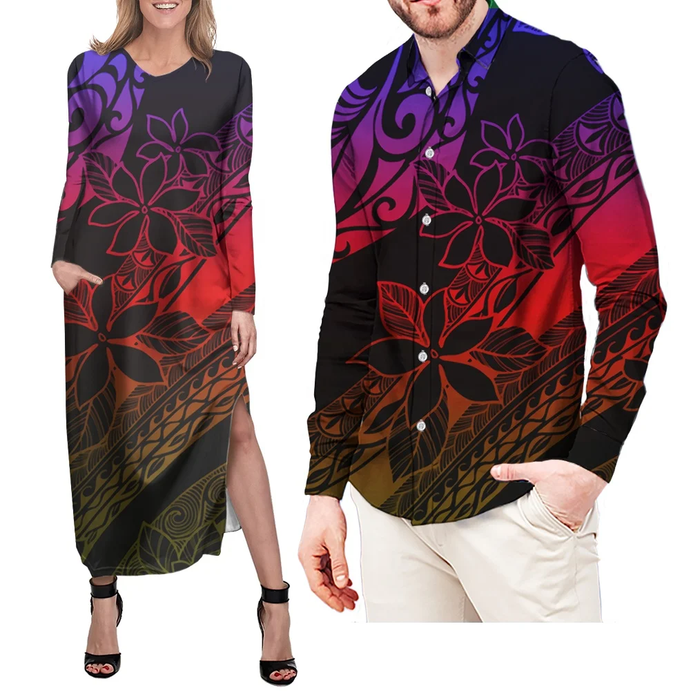 Red Samoan Floral casual dresses lady party dress matching set men clothing long sleeve button shirt couple clothing 2 pcs