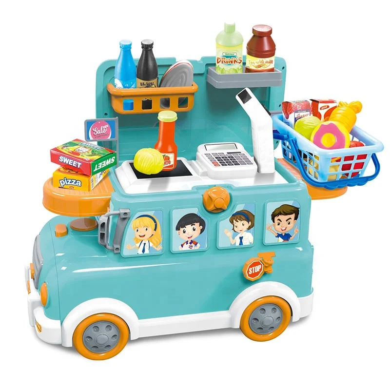 Wholesale high quality cute 3 in 1 campus musical fast food happy bus toys with light ride-on cars cash register toy for fun 3Y+