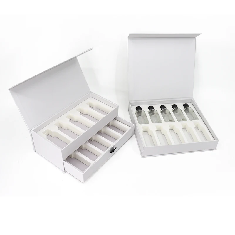 Eco friendly Rigid Cardboard Double Layer Magnetic Drawer Box with EVA Foam Insert for Skincare Collection Packing Glass Bottle