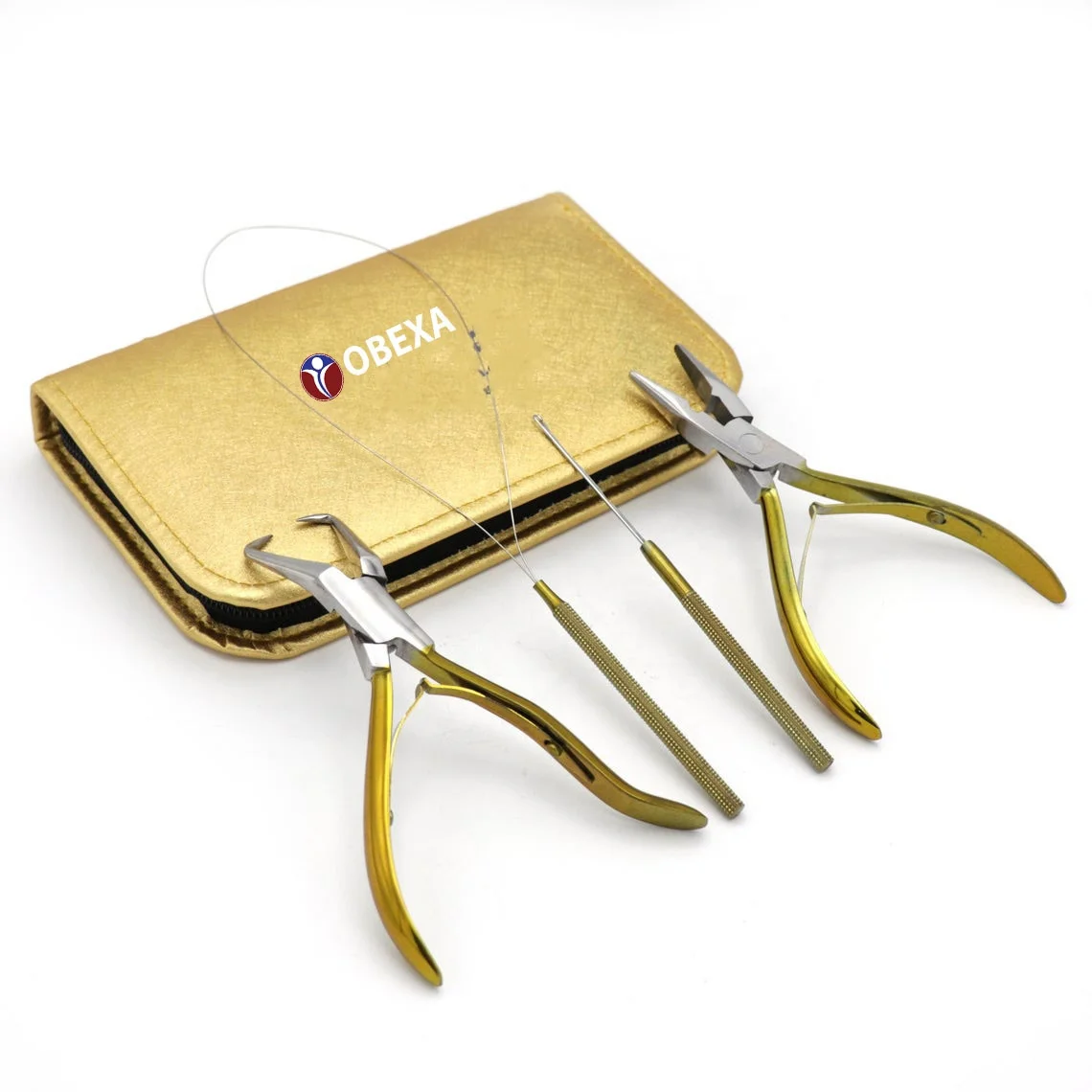 Professional Hair Extension & Beading Tool Kit 4-Piece Micro Ring Plier Set in Gold Stainless Steel Material