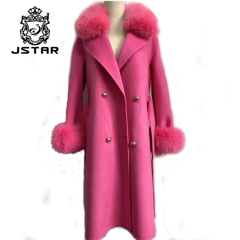 Real Fox Fur Collar Long Fur Cashmere Coat Oversized Trench Coat Belted Cashmere Sheepskin Shearling Fox Fur Coat