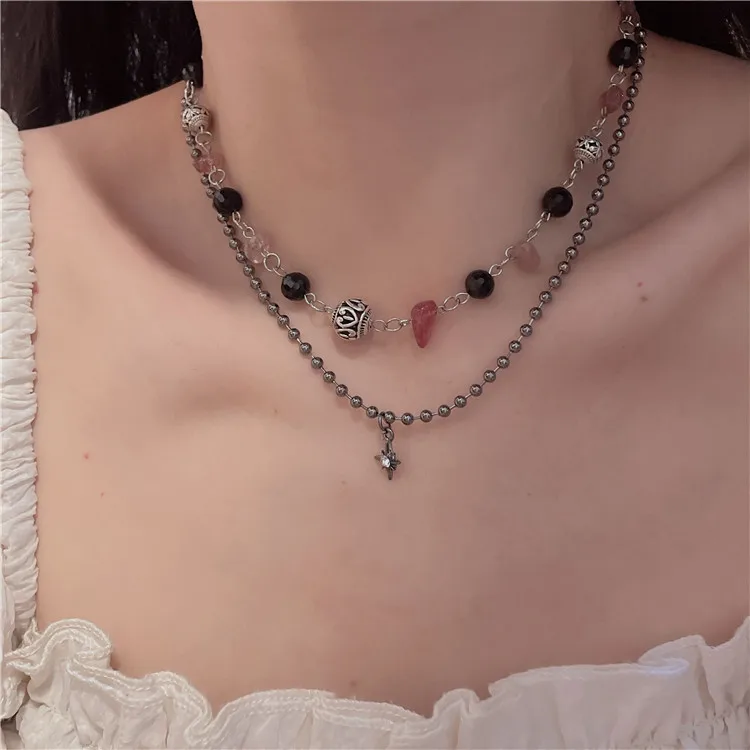 Fashion Jewelry Stainless Steel Raw Tourmaline Dendritic Opal Minimal Choker Necklace Bead Connector Necklace for Women