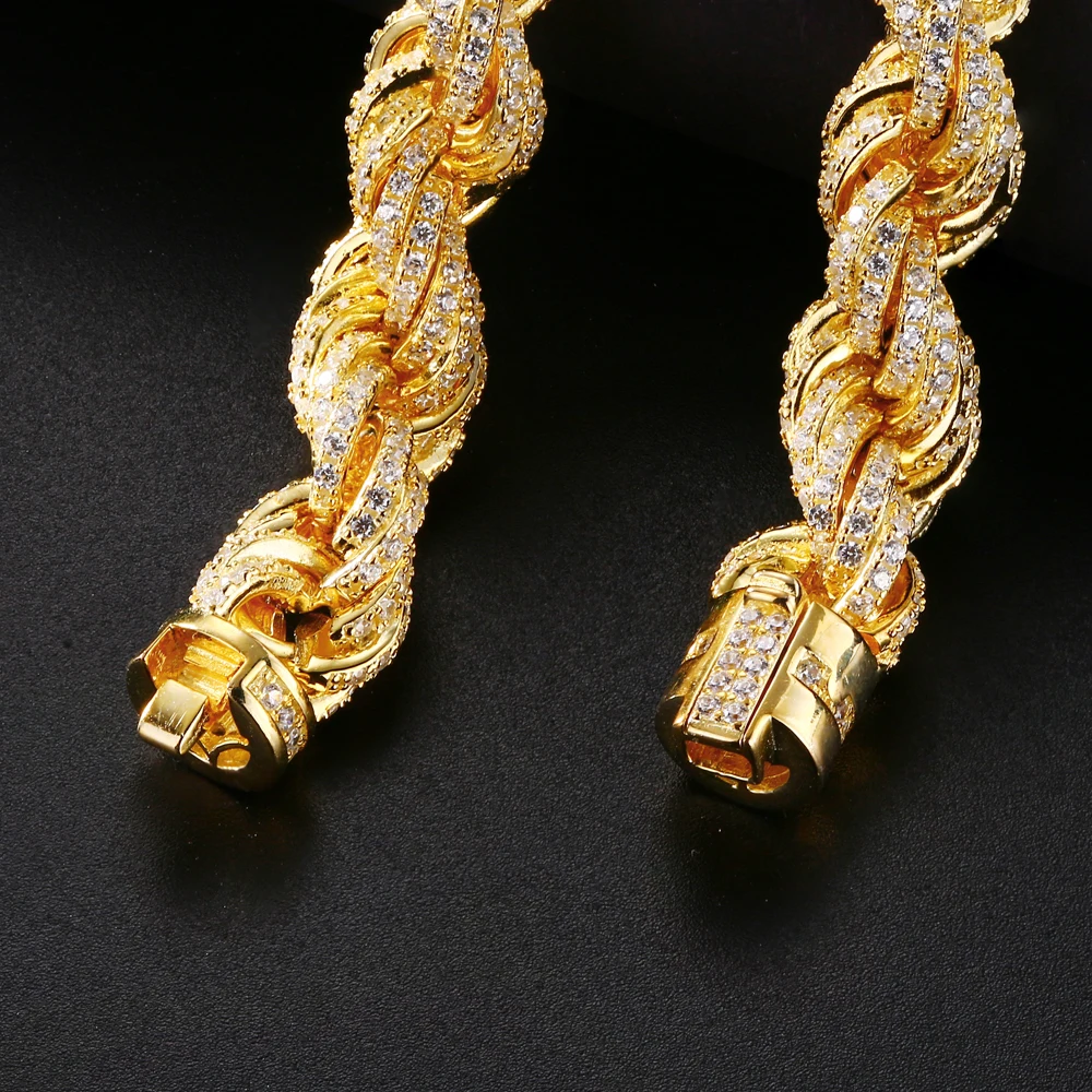 Customized Bulk Size 12mm Iced Out Moissanite Rope Chain 925 Sterling Silver Hip Hop Jewelry Moissanite Cuban Clasp Necklace