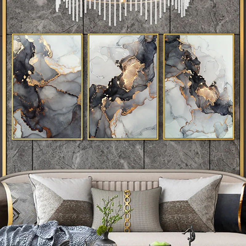 Modern Abstract Black Gold Marble Painting Fine Art Canvas Prints Pictures For Living Room Luxury Wall Art Decor