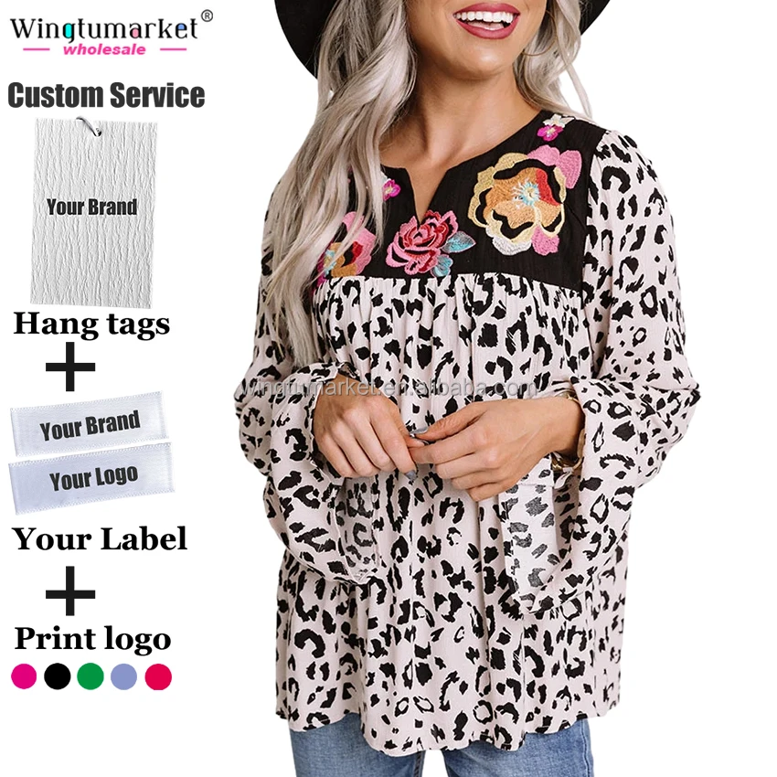 Vintage boho shift tops loose fit cowgirl floral custom prints leopard embroidered shirts blouses for women