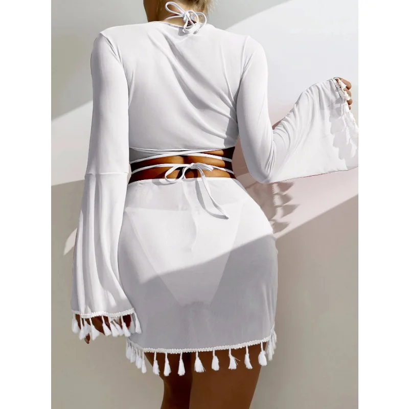 2023 Four Piece Swimsuit Sets with Cover Ups Fringed Bikini Swimwear Women Sexy Bikini Crop Top Bathing Suits for Women