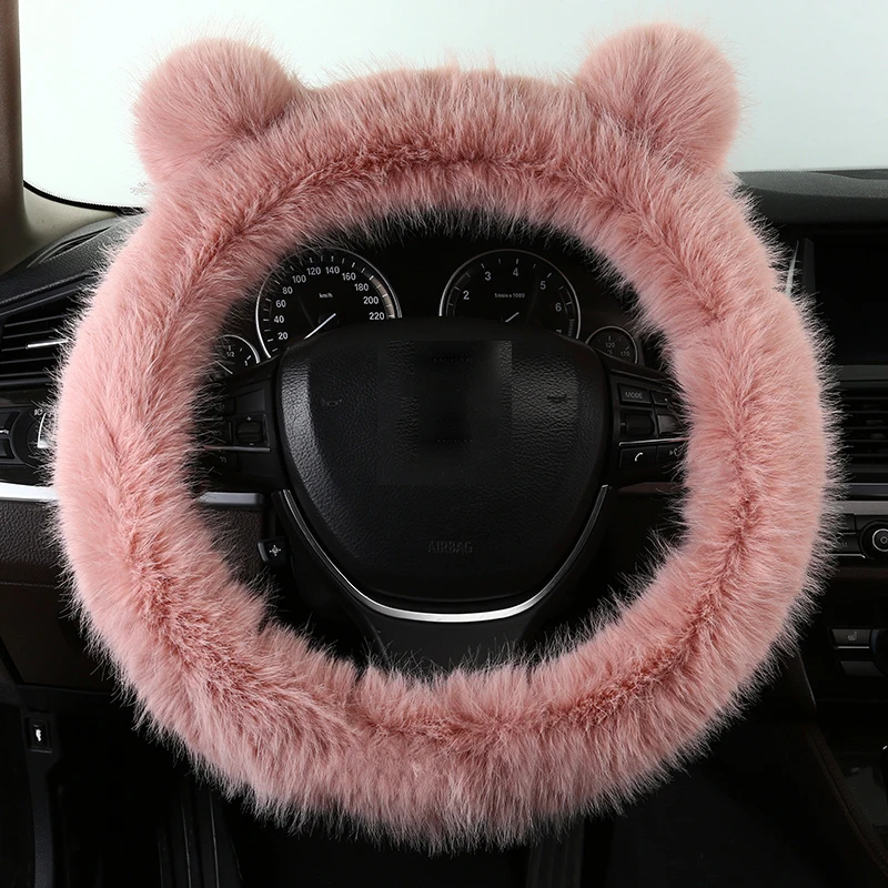 cute faux wool long plush comfortable anti slip unfading unshedding pink thermal girl steering wheel cover for lady