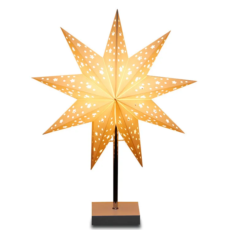 Wholesale Handmade Decorations Christmas Light Wooden Base Table Lamp Paper Star