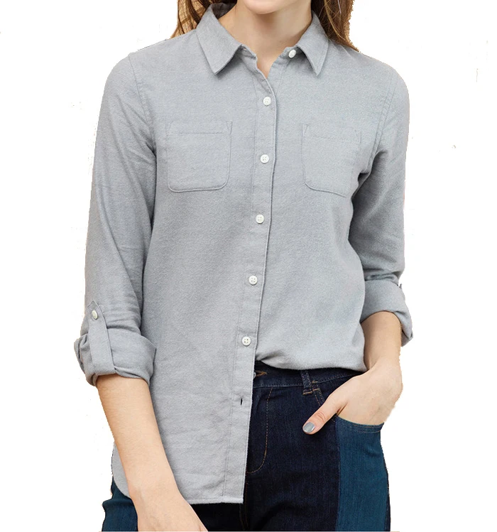 OEM flannel shirts for women plain solid color brushed cotton shirt women turn collar