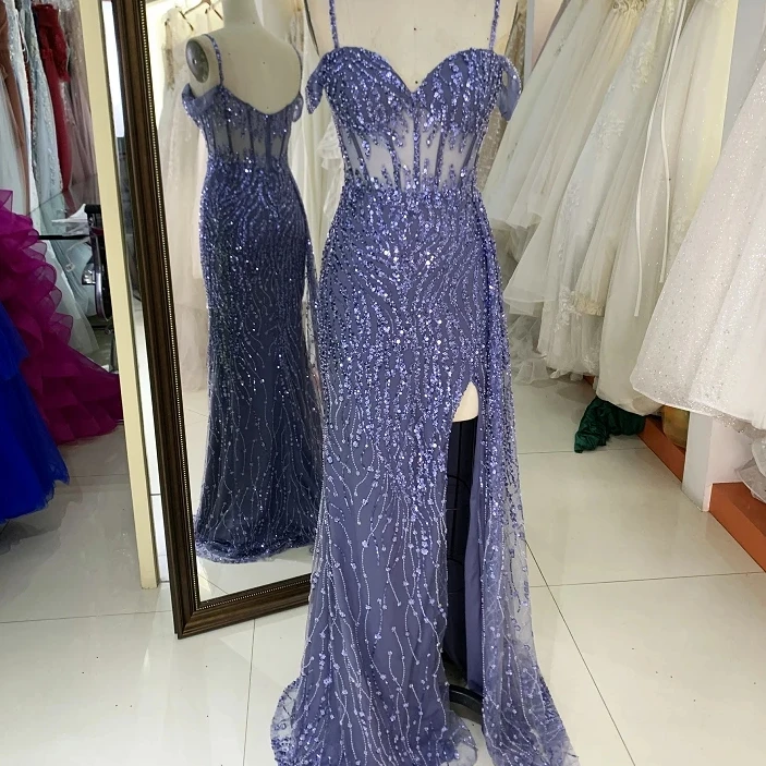 2023 dusty blue glitter off shoulder sleeveless mermaid corset zipper up back prom evening women dresses