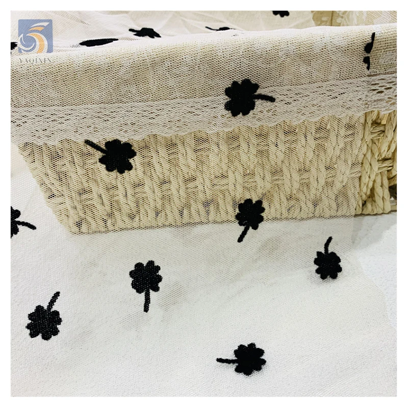 Competitive Price Flock Tulle Net Fabric Dress Model Latest Black French Small Floral Flocked Tulle Mesh Lace Fabric
