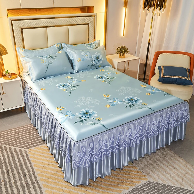 American Style Ice Silk Lace Trimmed Elastic Detachable Bed Skirts flora