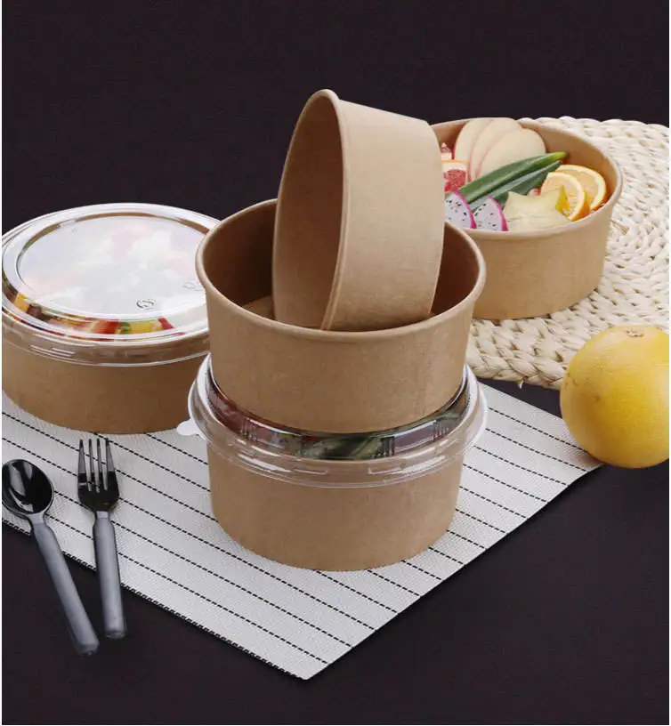 Custom Printed 750ml Biodegradable  Kraft Hot Food Paper Bowl Container Takeaway Disposable 250ml Paper Soup Cup With Lid