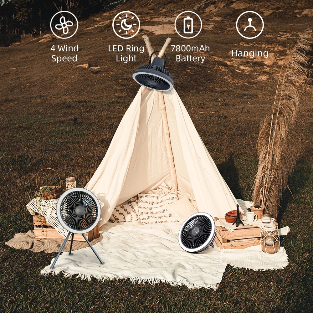 Hebron Claymore Portable Camping Fan With Led Lantern Light Rechargeable Tripod Fan Tent 4 Speed For Camping Fan