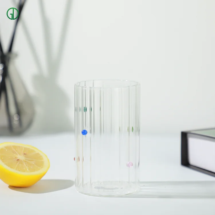 Custom Design Drinkware Reusable Drinking Glass Cup Striped glass mug with Colored glass bead