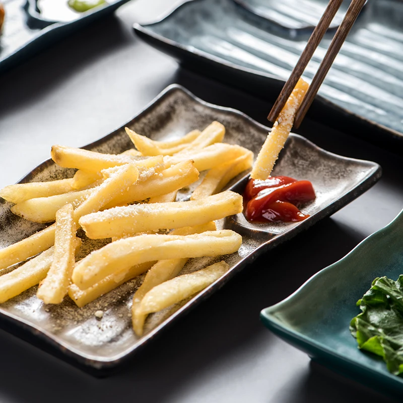 Appetizer Plates Party Sushi Entertaining Guests Porcelain Water Wave Relief Texture 7.5' Ceramic Platters Rectangle Plates