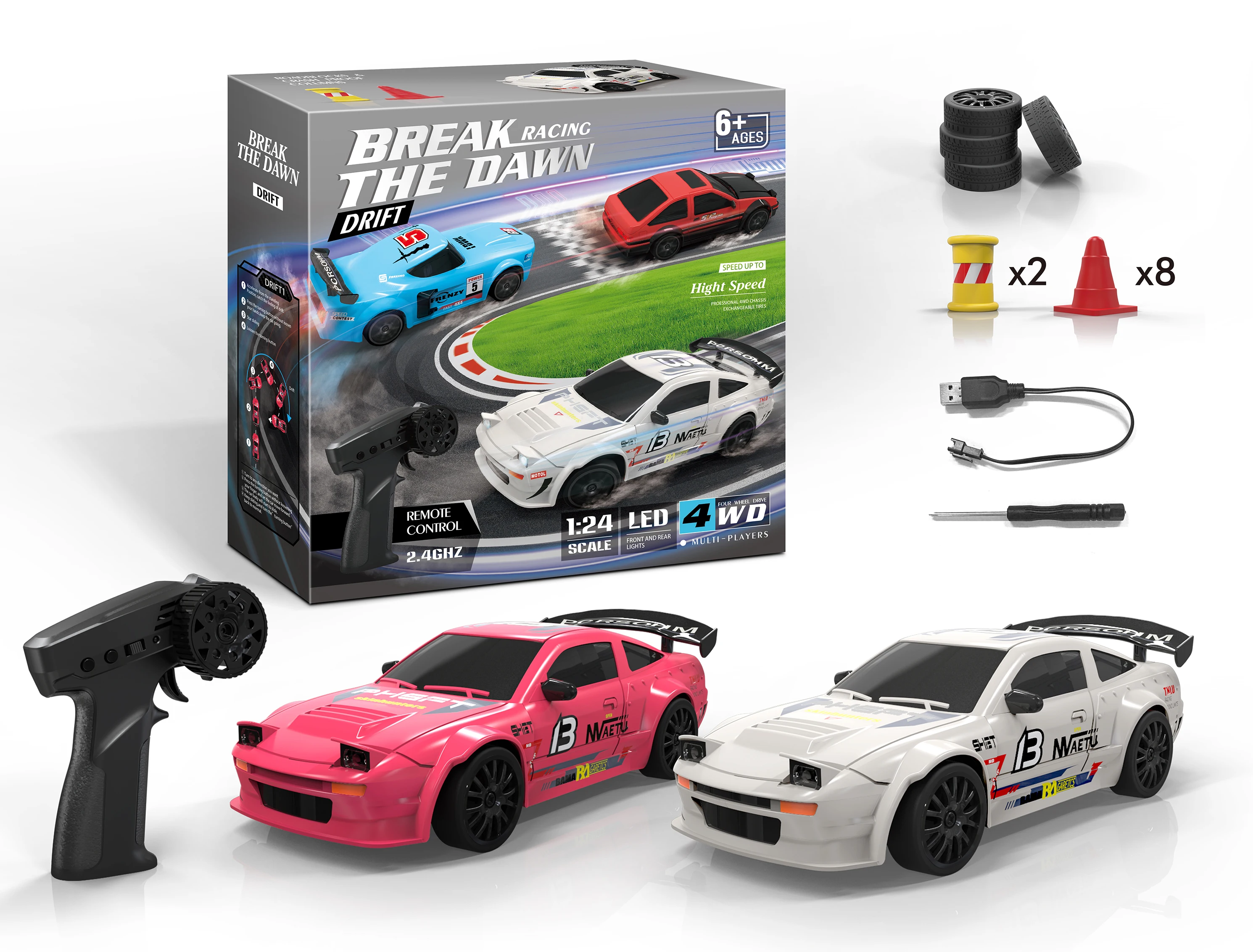 Remote Control Car 1/24 2.4GHz 4WD RC Drift Car, Rechargeable High Speed RC Cars with Cool Lights for kids