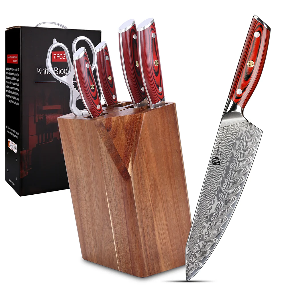 High Quality Kitchen Knife 7Pcs Knife Set 67 Layers Damascus Knife G10 Handle With Knife Holder