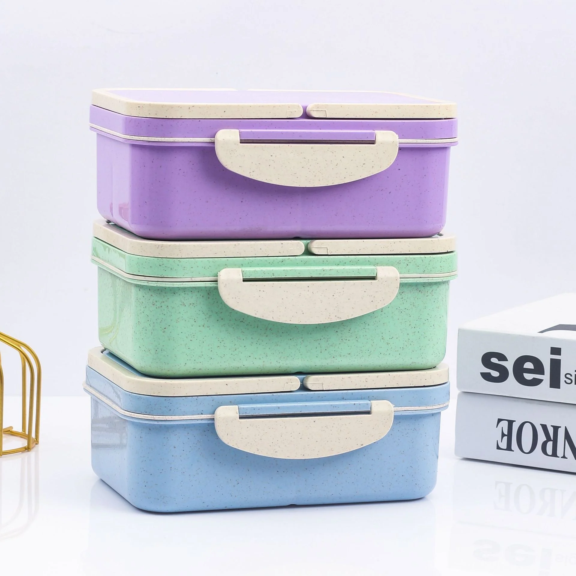 1100ML 3 compartments Plastic bento box Wheat straw fiber lunch box with lid For Kids and Adult