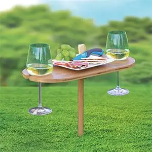 Outdoor Entertaining Holds 2 Wine Collapsible Table  Wood Table Wine Glass Holder picnic table with Ground Stake