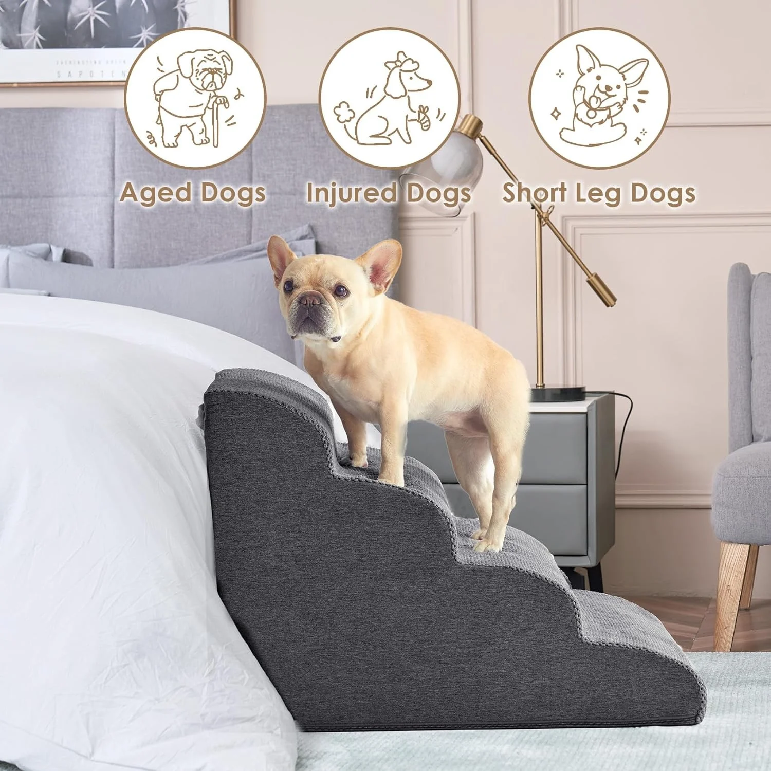 Curved Pet Dog Cat Stair Step for High Bed Coach Climbing Non-Slip Balanced Ramp Indoor Grey with Washable High Density Foam