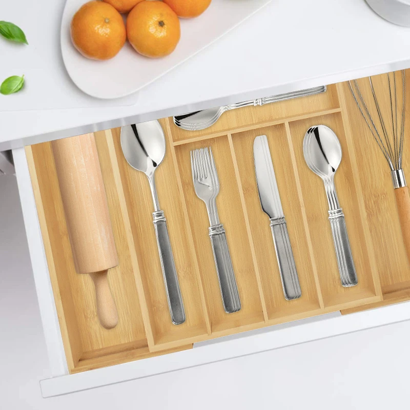 Kitchen Adjustable Utensil Bamboo Expandable Drawer Cutlery Organizer