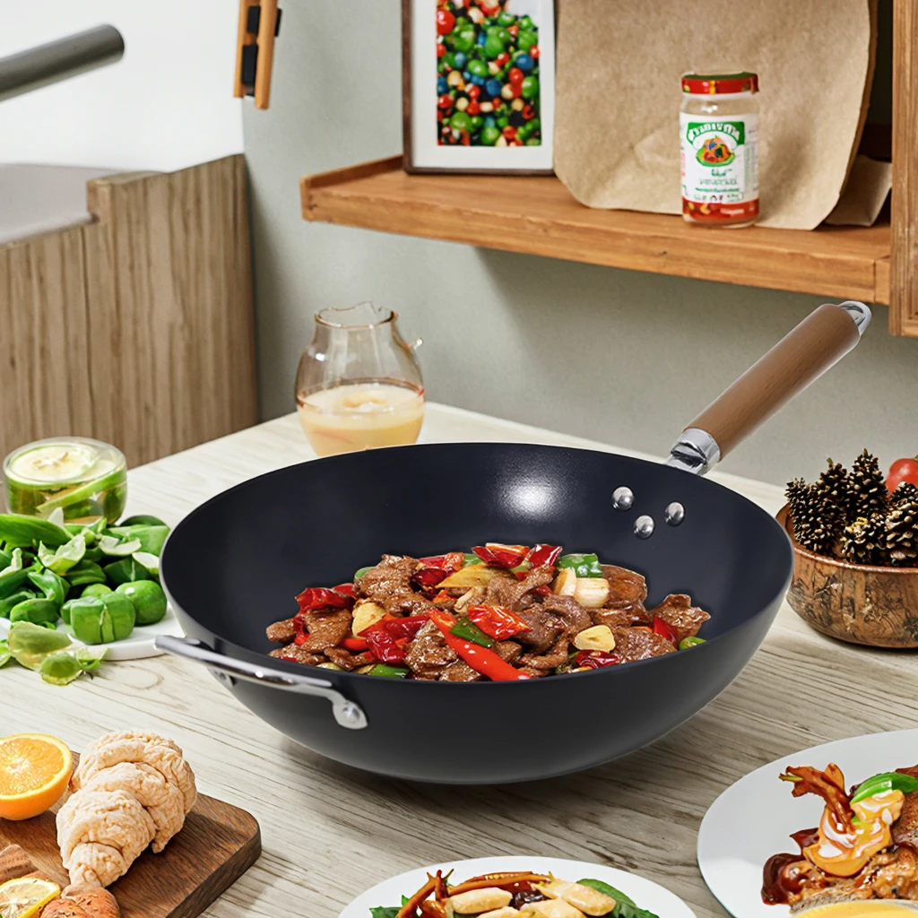 Customizable 32cm Nitriding Carbon Steel Pow Wok More Wear-resistant Snd Scratch-resistant for Restaurant