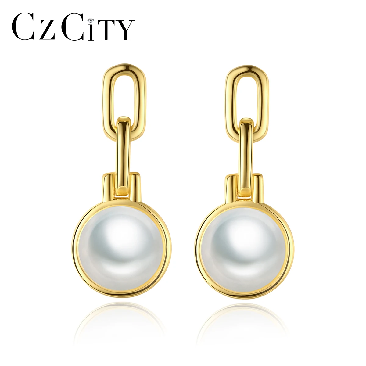 CZCITY New Trendy 14K Gold Plated Jewelry 925 Sterling Silver Link Drop Earring Pearl Dangle Earrings