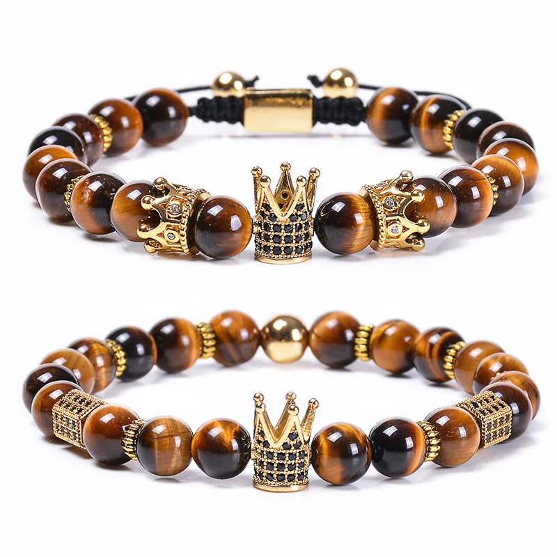 2Pcs/Set Elastic Natural 8mm Tiger Eye Stone CZ Crown Charm Bracelet Adjustable Tiger Eye Stone Black Zircon Crown Bracelet
