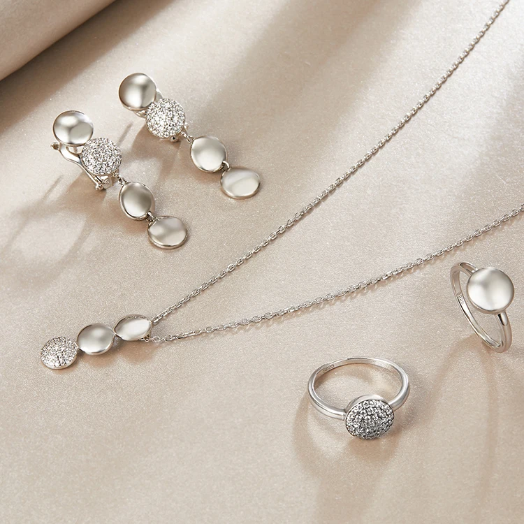  925 Silver Jewelry Sets Cubic Zirconia Lip Bling Necklace Earrings Ring Round Circle