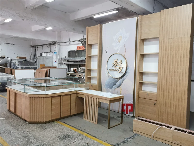Chinese Style Jade Jewelry Kiosk High-End Wooden Glass Showcase Wood Grain Finish Jewelry Display Counter Customization