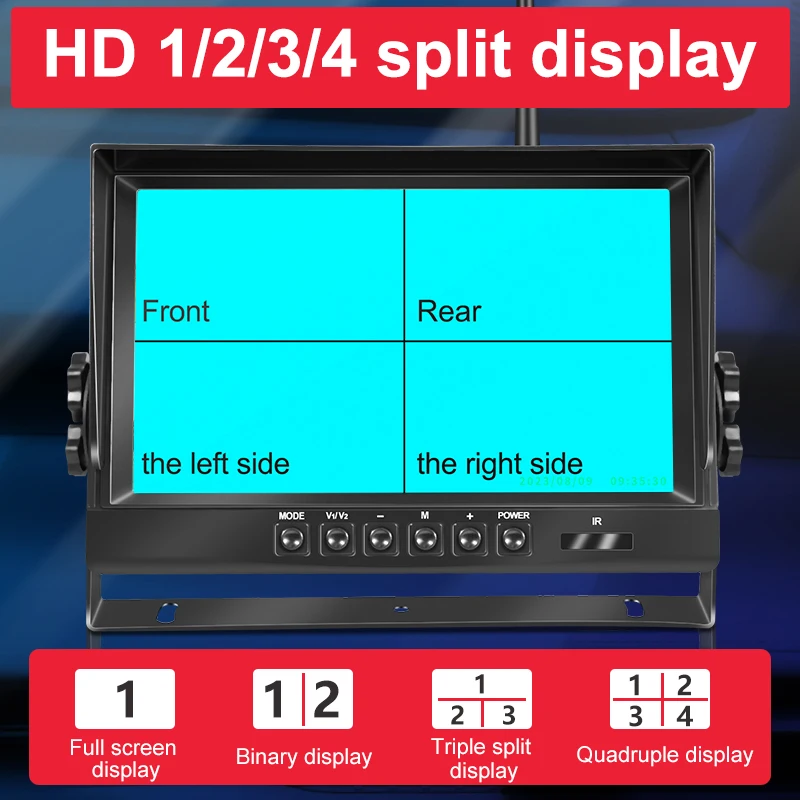 High Quality 9 inch Quad Screen DVR Monitor with Wireless Back Up Front Rear Left Right Waterproof IR Night Vision Cameras