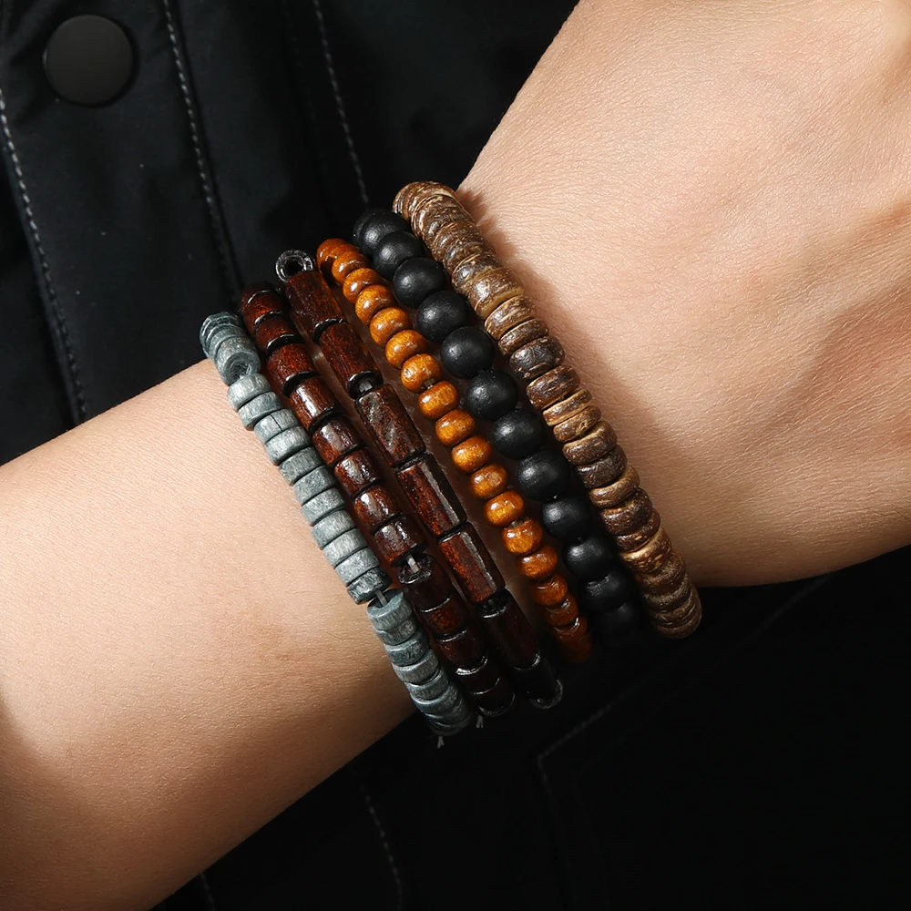 6pcs handmade natural wood bead bracelets sample jewelry elastic healing wood bead bracelet for women men