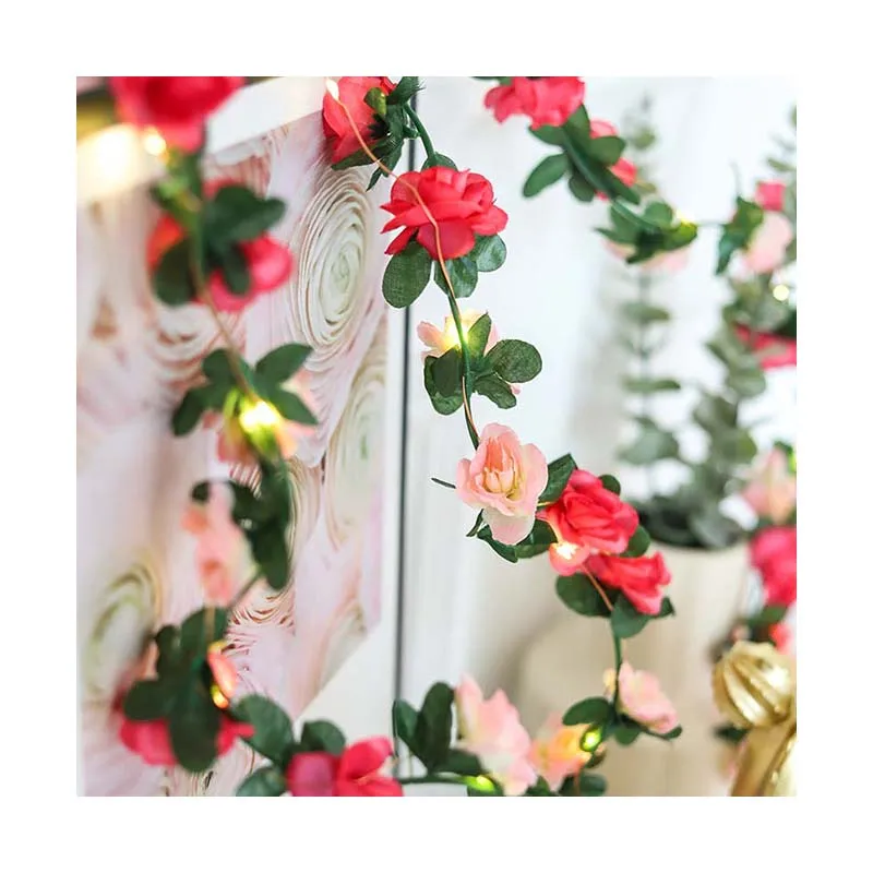 Cross-border new rose rattan led copper wire lights Nordic home green leaf decorative string photo lane