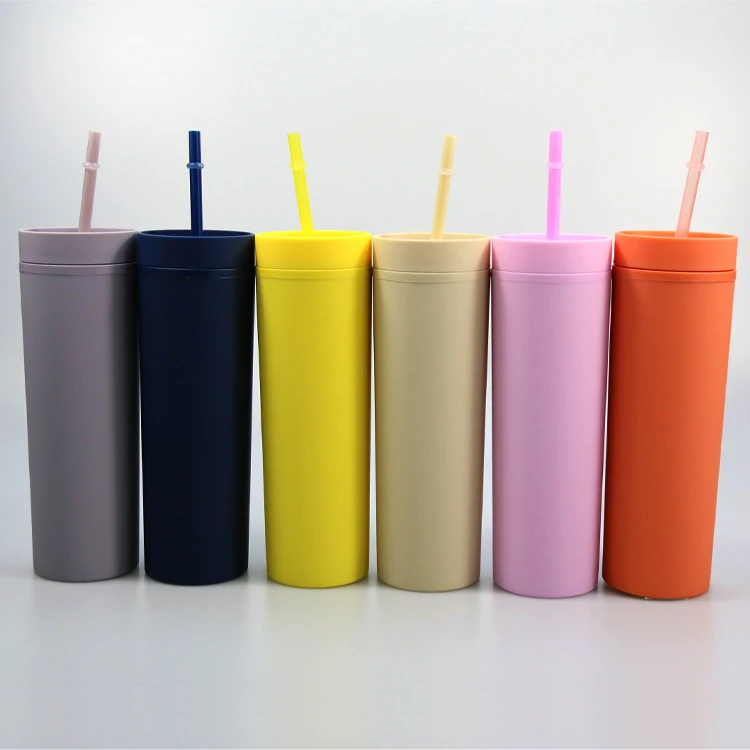 Skinny double wall Tumbler 16OZ straight Plastic Tumblers customized straw cup water skinny matte cup with straw and lid