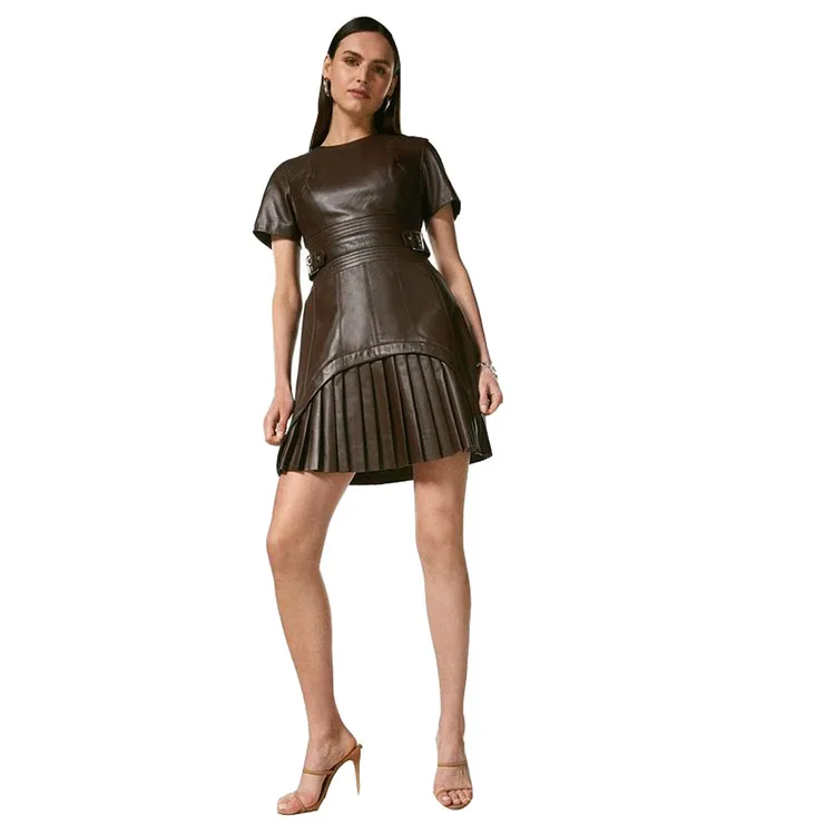 New Fashion Pleated Mini Dresses Women Clothing Short Sleeve Leather Dress with Belt
