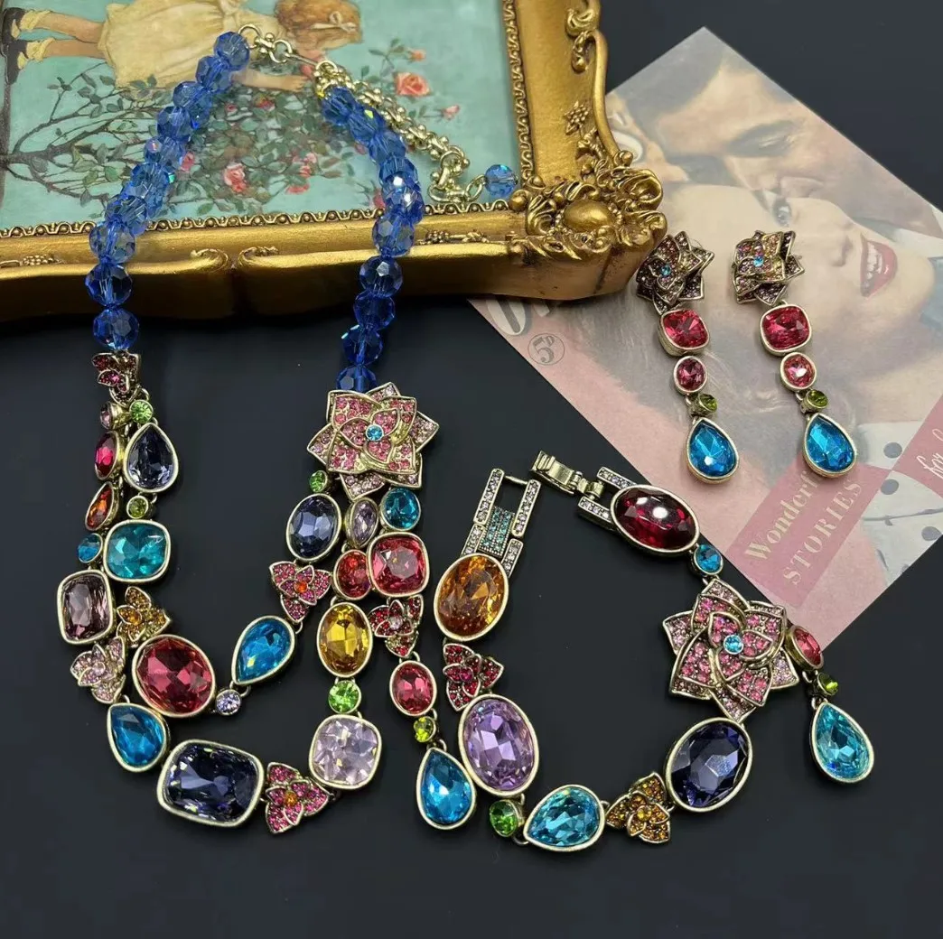 Top Quality Fashion Vintage Pink Blue Bead Crystal Earrings Bracelets Necklaces Jewelry Set