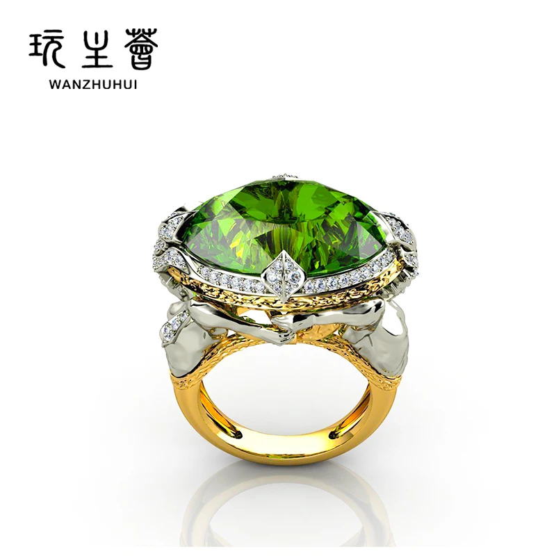 New and fashionable Inlaid Mermaid Green Zircon Silver White Steel finger ring women