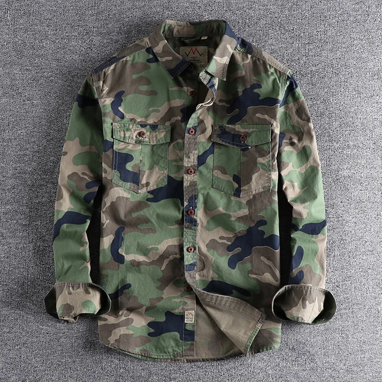 Hot Sale Long Sleeve  Wear Cargo Shirt Men Outdoor Uniforms Shirt Cotton Plus Size  Camouflage Shirt