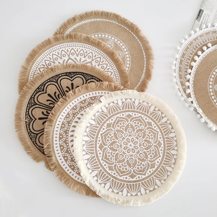Round Jute Burlap Table Woven Placemat Vintage Handmade Woven Fringe Placemat