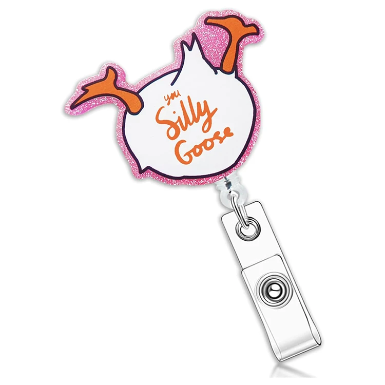 Wholesale Custom Cute Glitter Acrylic Teacher Student Name ID Badge Reel Silly Goose Retractable Nurse Accessories Badge Holder