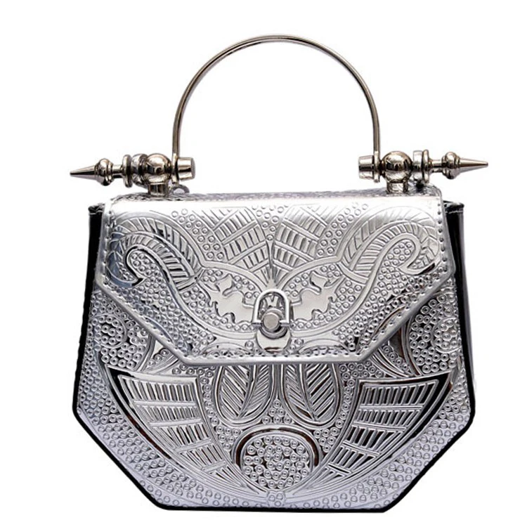 
Unique Cute Metal Round Handle Indian Gold Silver Glossy Embossed Pattern Purses Handbags Evening Bags Clutch Bag 