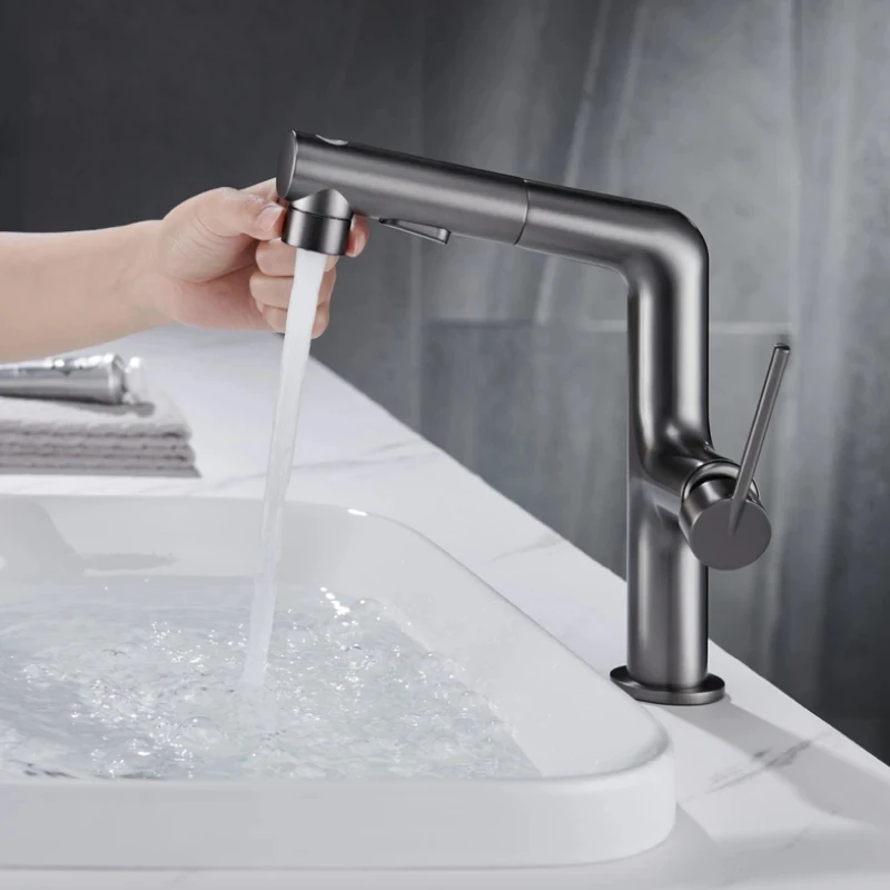 Pull Out 2 Functions Basin Faucet Brass Body with Sprayer White Gold Grey Black Rose Gold Hot and Cold Mixer Bathroom