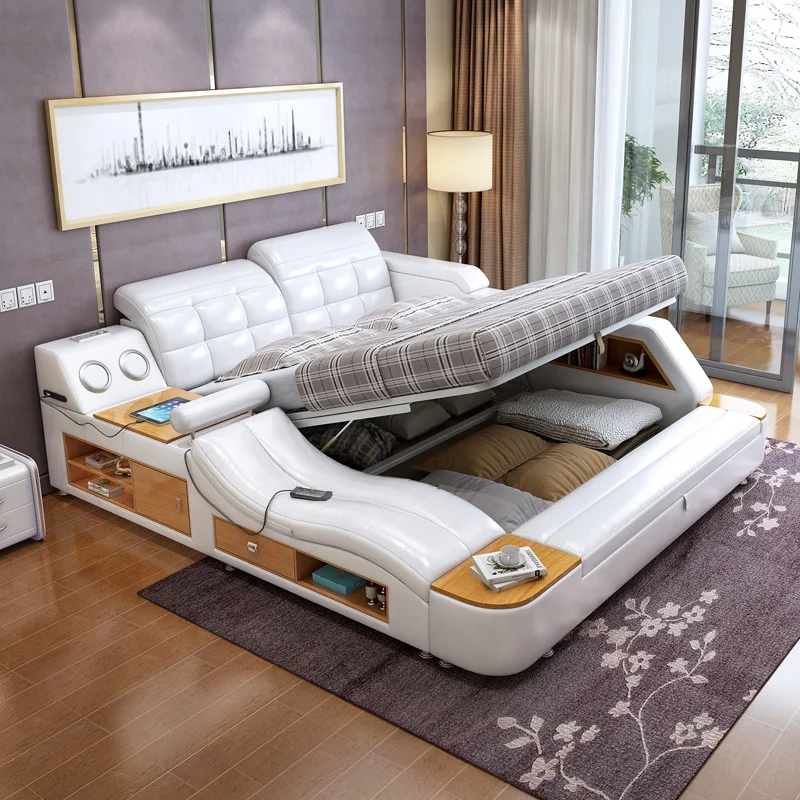 Luxury Modern Bedroom Furniture Double Sleeping Tatami Storage Massage Leather Bed With Gas Lift