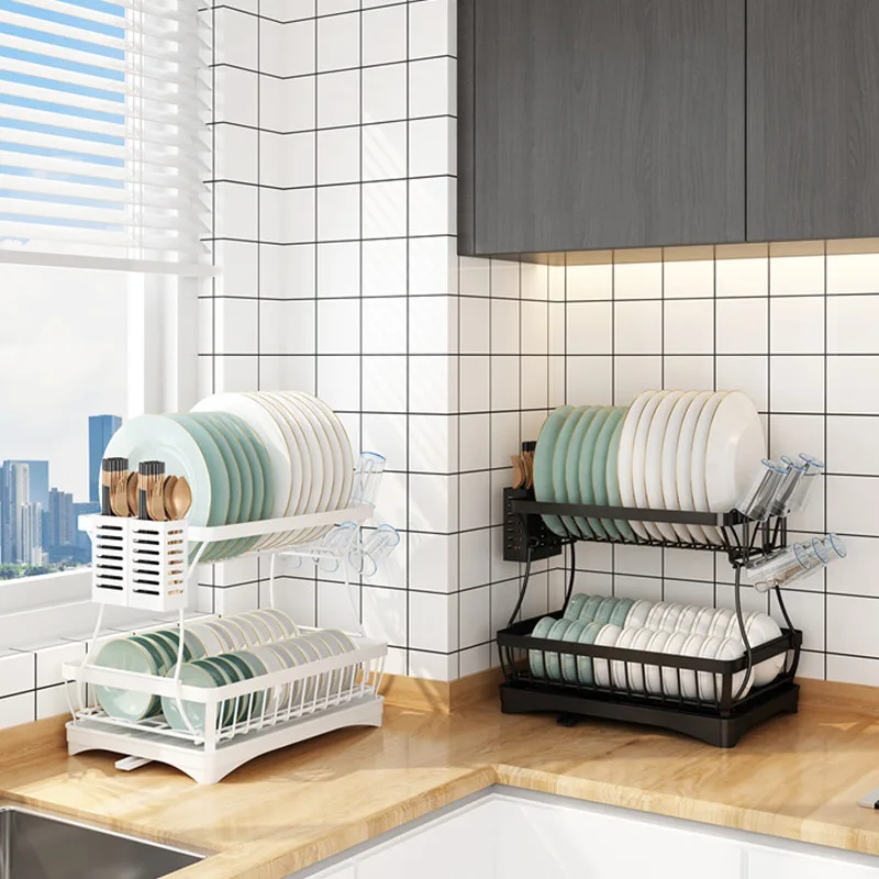 2 tier dish drying rack for kitchen counter metal dish drainers rack with drainboard large dish dryer with utensil holder