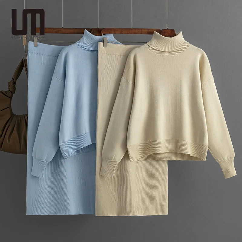 Liu Ming Good Quality 2024 New Winter Women Thick Warm Turtleneck Sweater High Waist Skirts Knitted 2 Piece Set